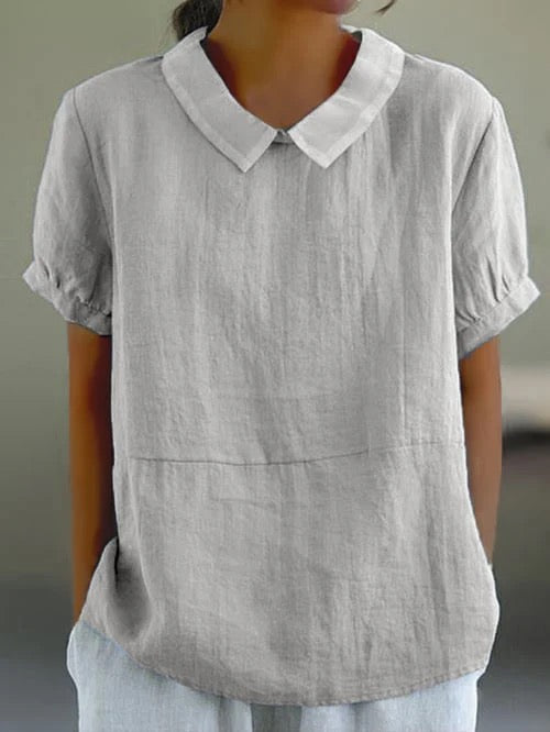 Women Spring Casual Short Sleeve Cotton Blouse with Rounded Collar
