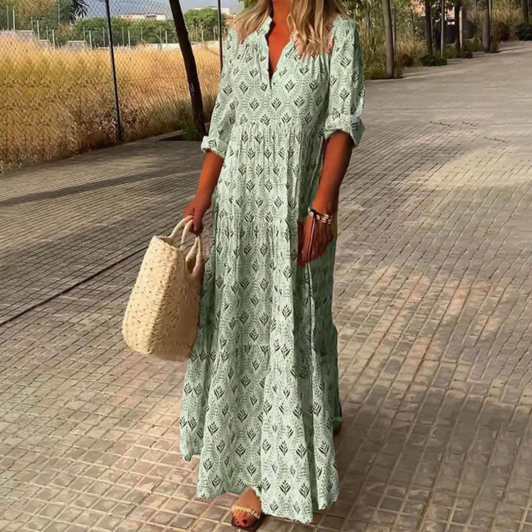 Women light green printed V neck maxi dress, three-quarter sleeves