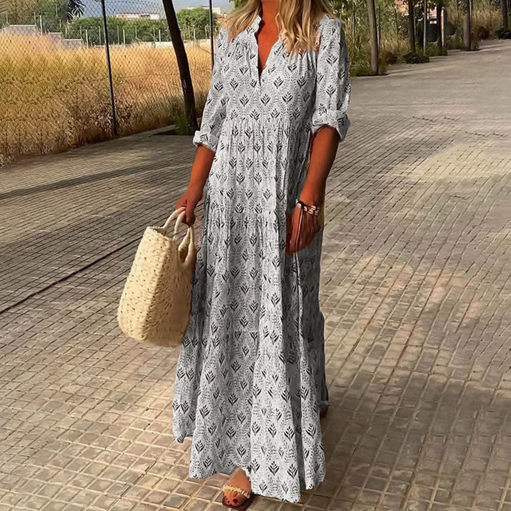 Women white printed V neck maxi dress, three-quarter sleeves
