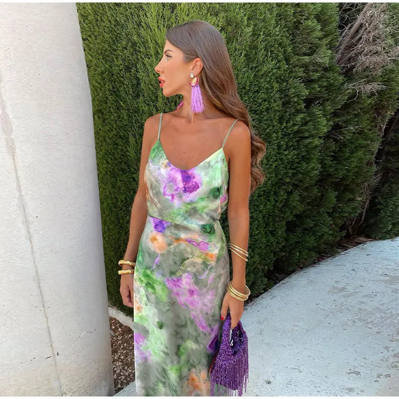 Women multi printed maxi dress with V-neckline and spaghetti straps, side view