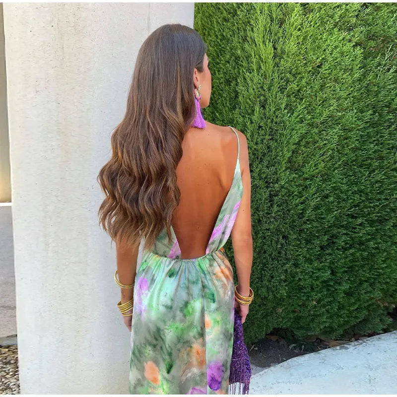 Women multi printed maxi dress with open back and spaghetti straps, back view