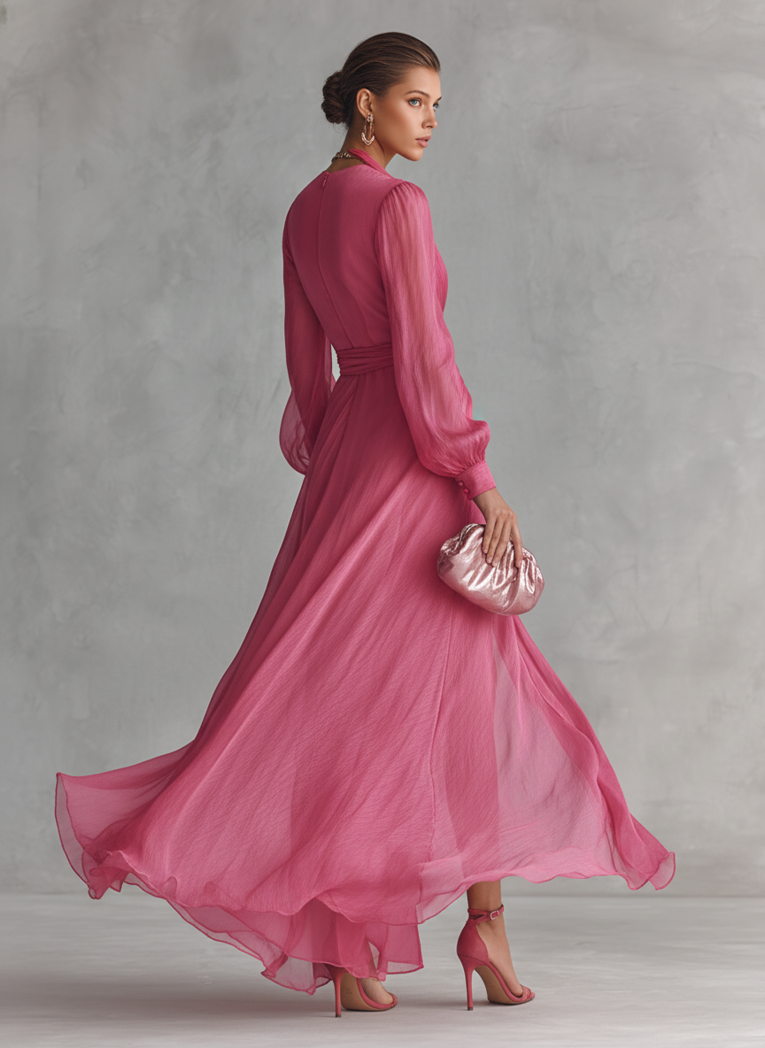 Women's pink wrap-style maxi dress with tie-waist and V-neck from the back view.