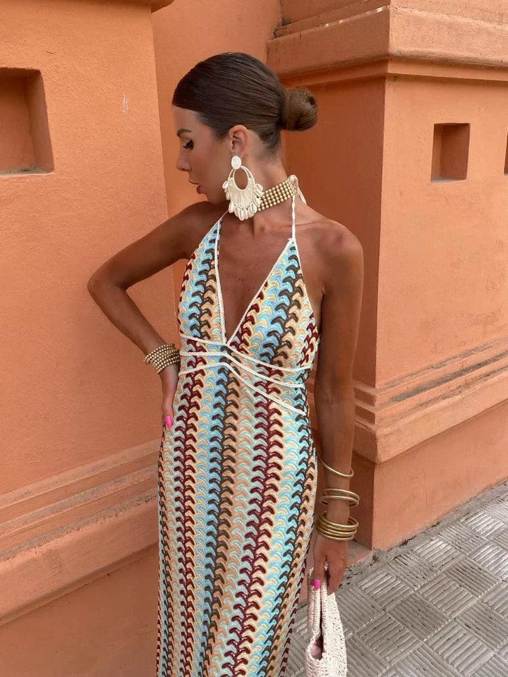 Women patterned halter V neck maxi dress close up showing pattern and neckline detail