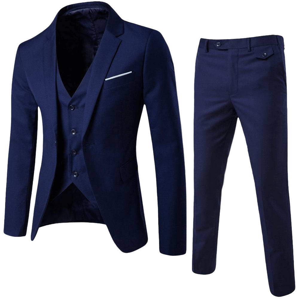 Men navy three-piece suit set with blazer, vest, and trousers for tailored wear