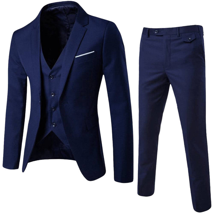 Men navy three-piece suit set with blazer, vest, and trousers for tailored wear