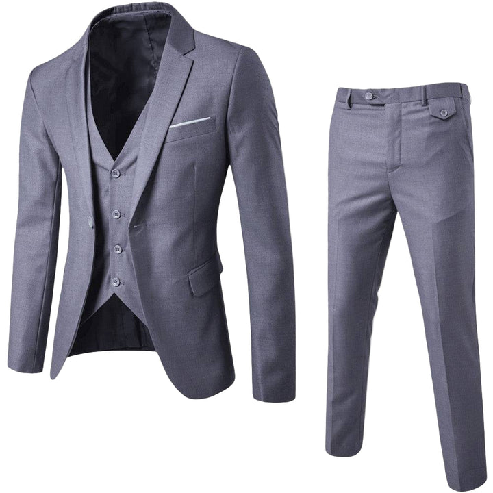 Men light gray three-piece suit set with blazer, vest, and trousers on white background