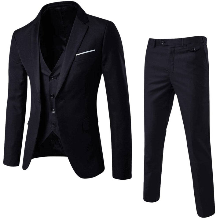 Men black three-piece suit set with blazer, vest, and trousers showing front view