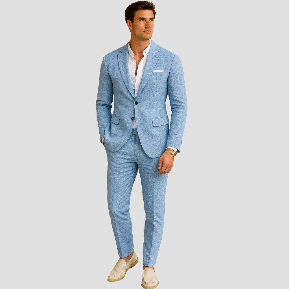 Men light blue two button slim fit suit set with front flap pockets