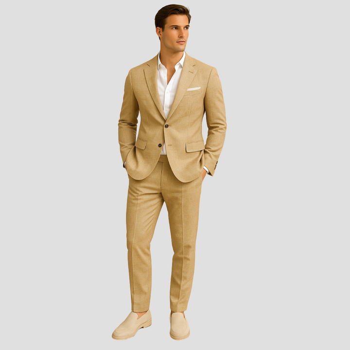 Men tan two button slim fit suit set with structured blazer and trousers