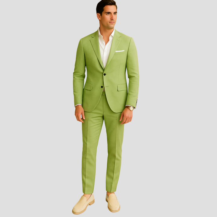 Men light green two button slim fit suit set with formal tailored blazer
