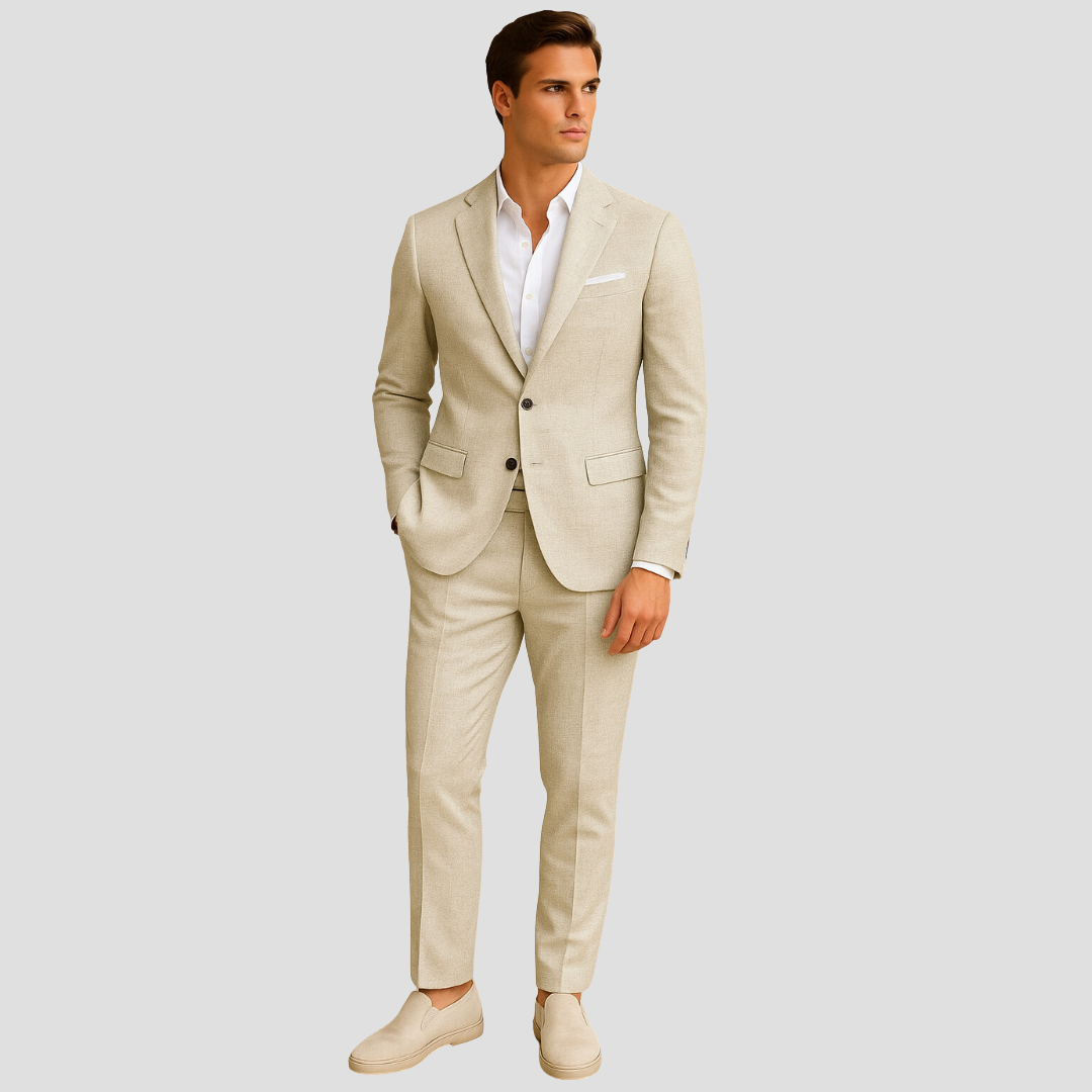 Men beige two button slim fit suit set with notch lapels and flap pockets