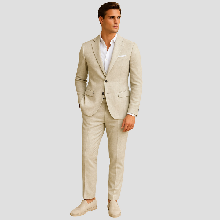 Men beige two button slim fit suit set with notch lapels and flap pockets