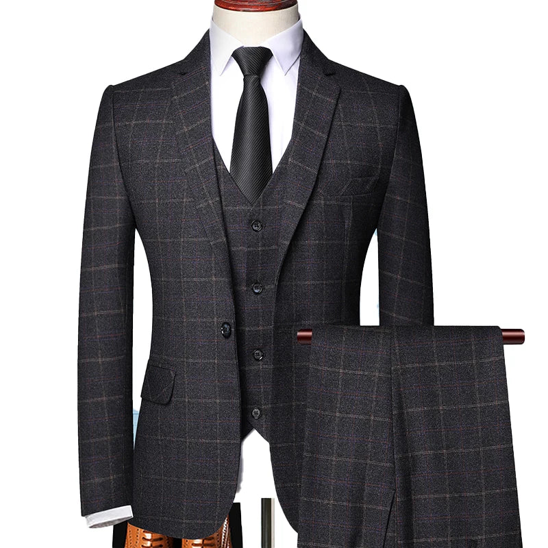 Men's dark gray windowpane plaid three-piece suit set on a mannequin, blazer with notched lapels
