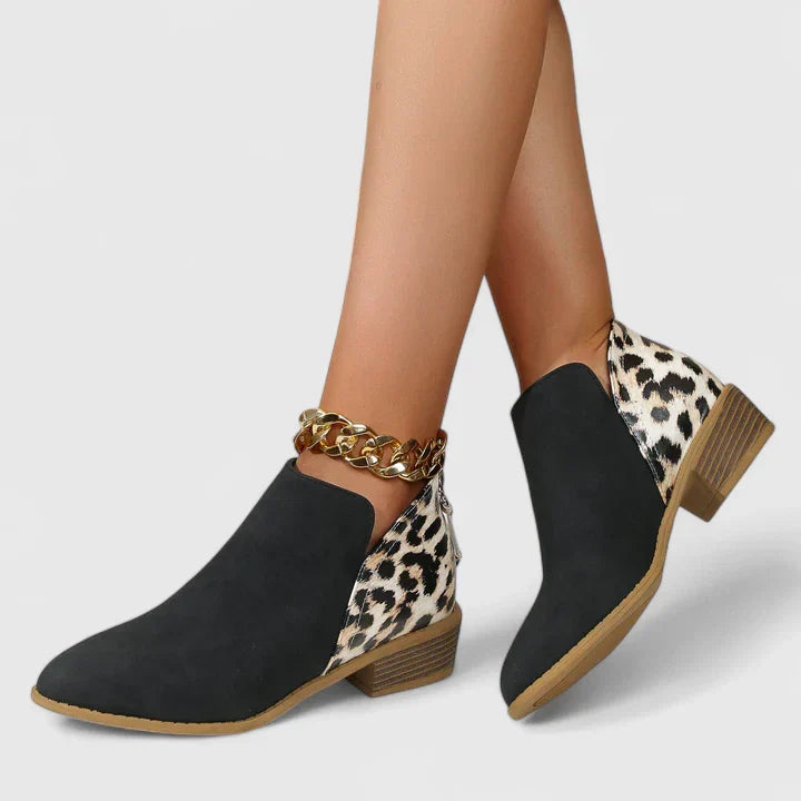 Women black leopard print block heel ankle boots with back zipper and gold chain detail