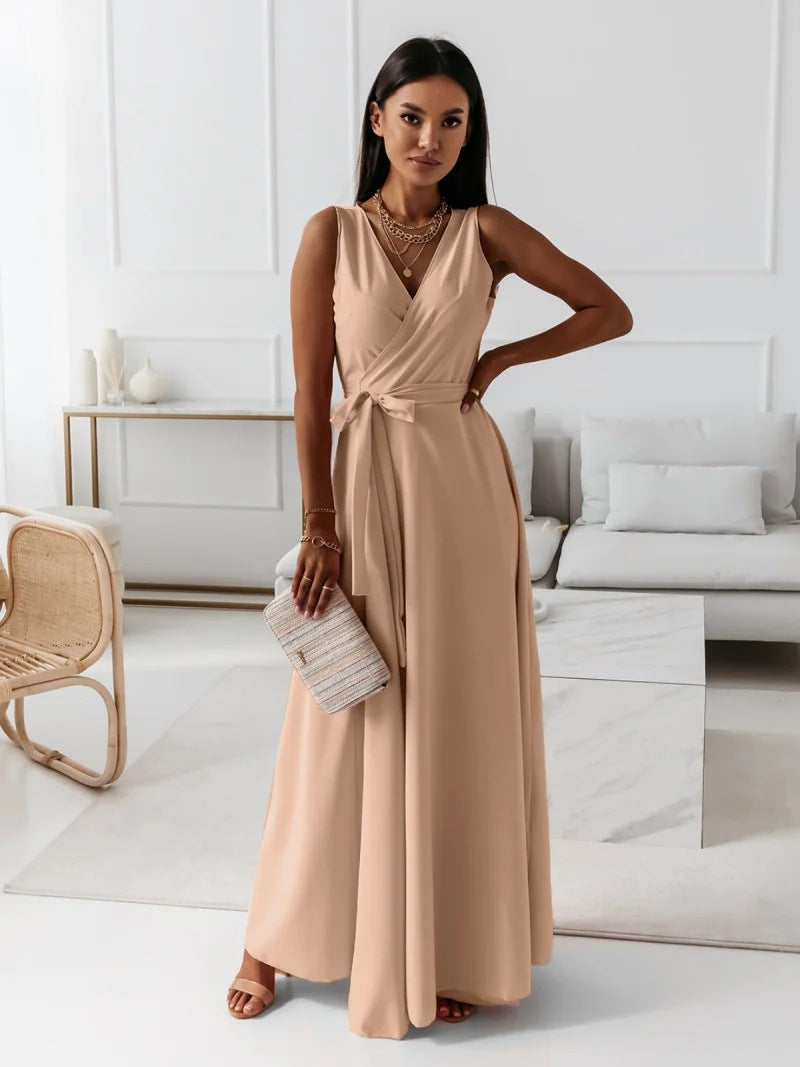 Women beige sleeveless V-neck maxi dress with wrap detail and tie closure