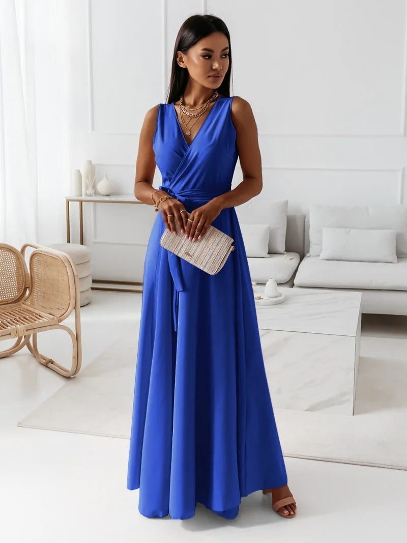 Women Spring Elegant Plunging Neck Metallic Maxi Dress
