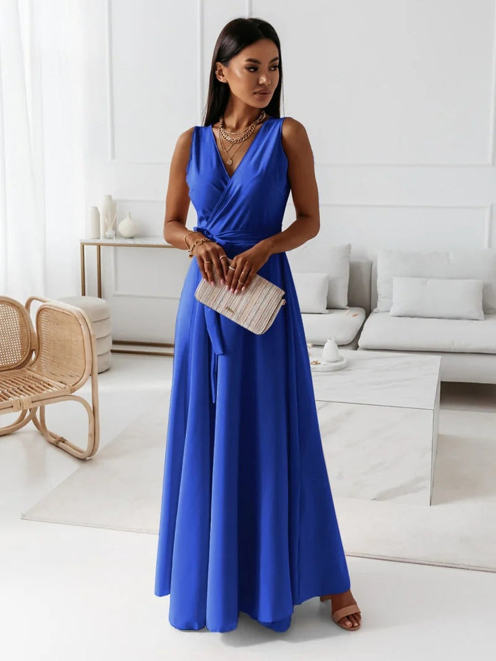 Women Spring Elegant Plunging Neck Metallic Maxi Dress