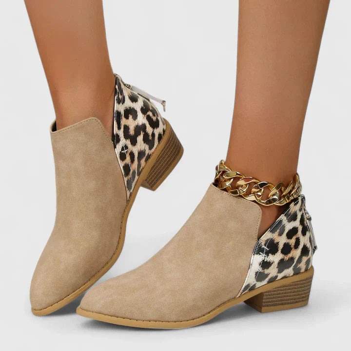 Women beige leopard print block heel ankle boots with back zipper and gold chain detail