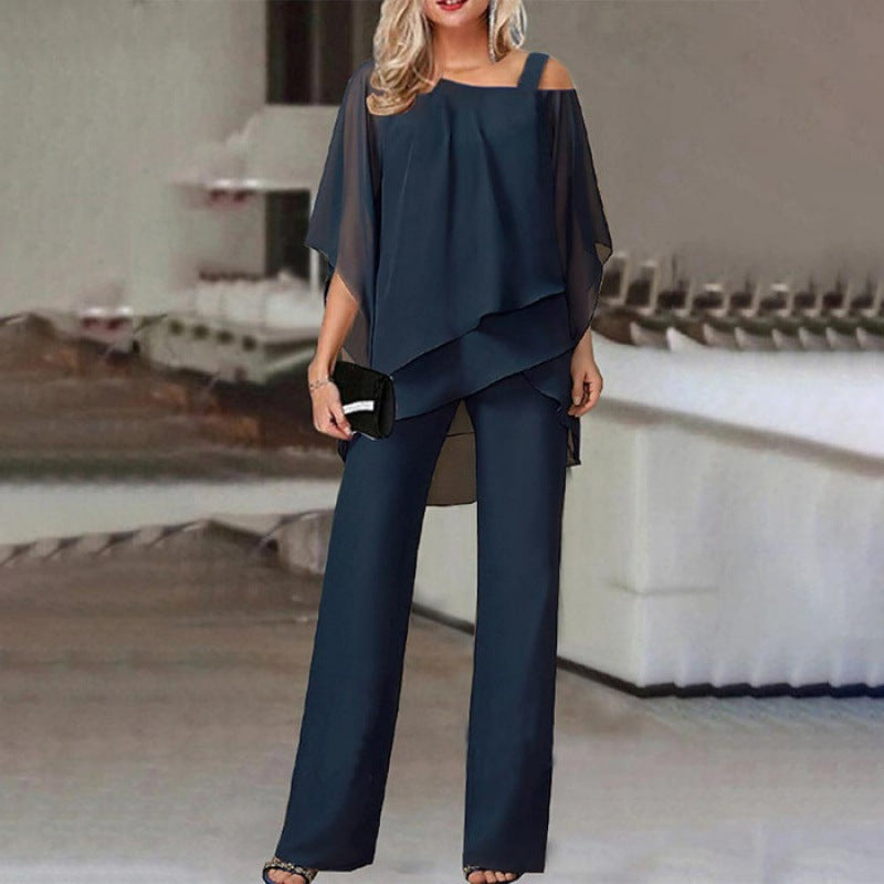 Women dark blue sleeveless off shoulder layered pant set, full length