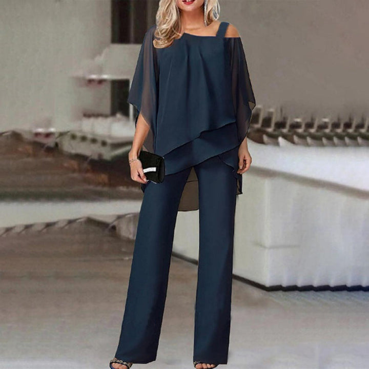 Women dark blue sleeveless off shoulder layered pant set, full length
