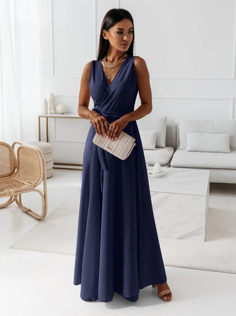 Women Spring Elegant Plunging Neck Metallic Maxi Dress