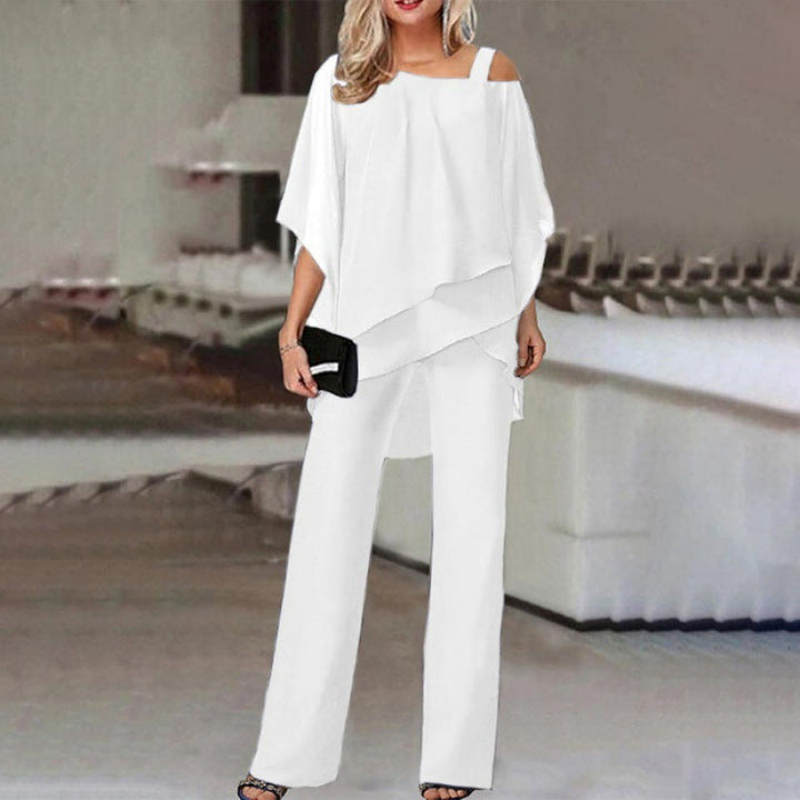 Women white sleeveless off shoulder layered pant set, front view of model