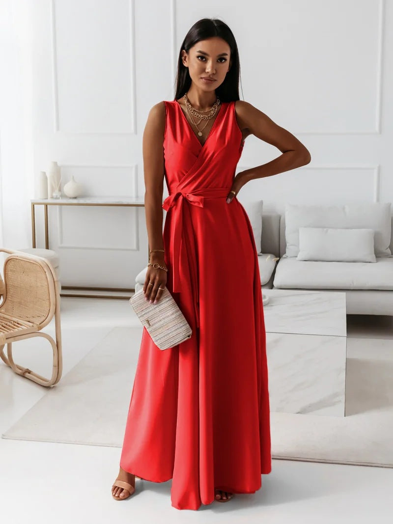 Women red sleeveless V-neck wrap maxi dress with full flowing skirt, front view