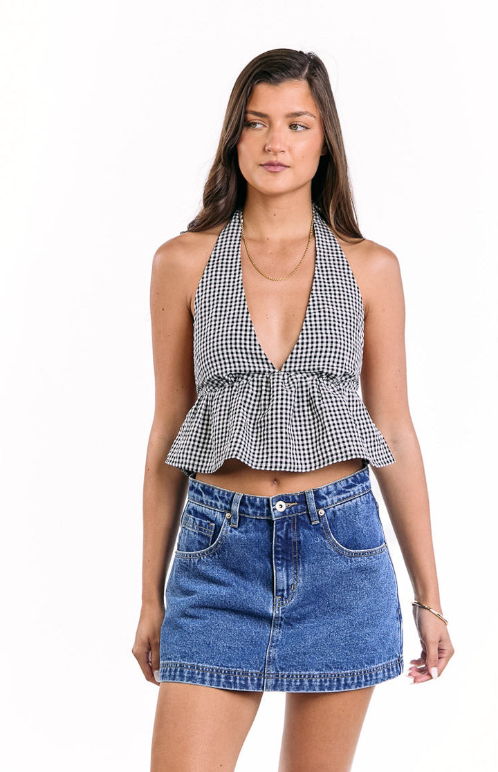 Women Spring Elegant Gingham Check Puff Sleeve Crop Top