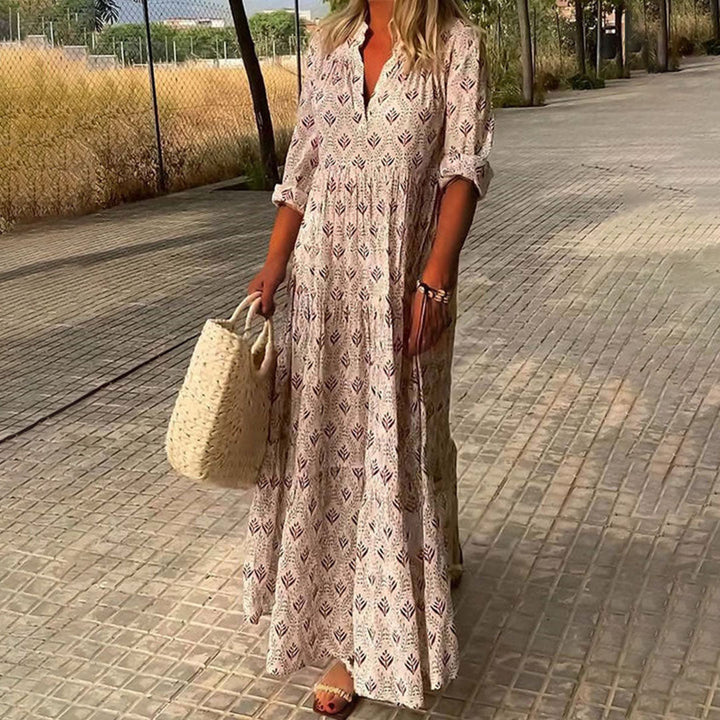 Women light pink printed V neck maxi dress, three-quarter sleeves