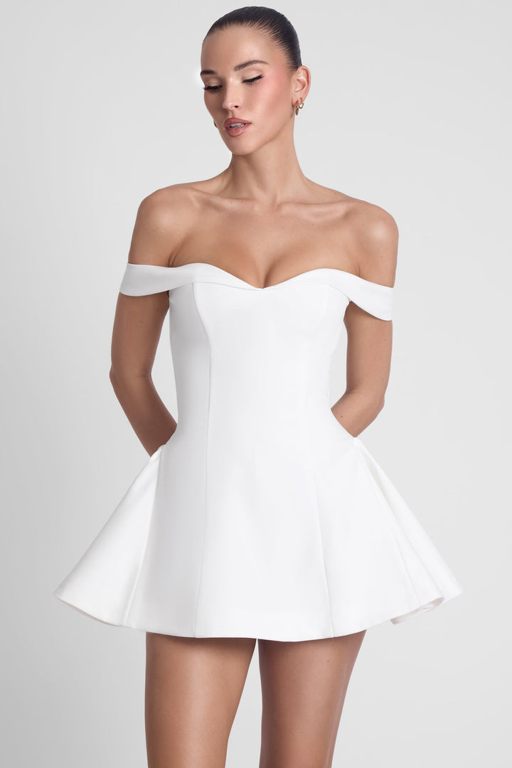 Women white off-shoulder babydoll mini dress with sweetheart neckline, front view