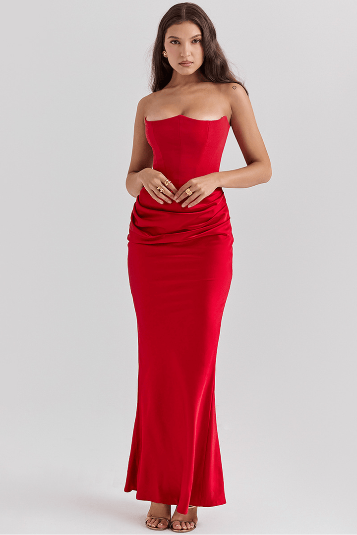Women red satin corset maxi dress with sweetheart neckline and gathered waist.