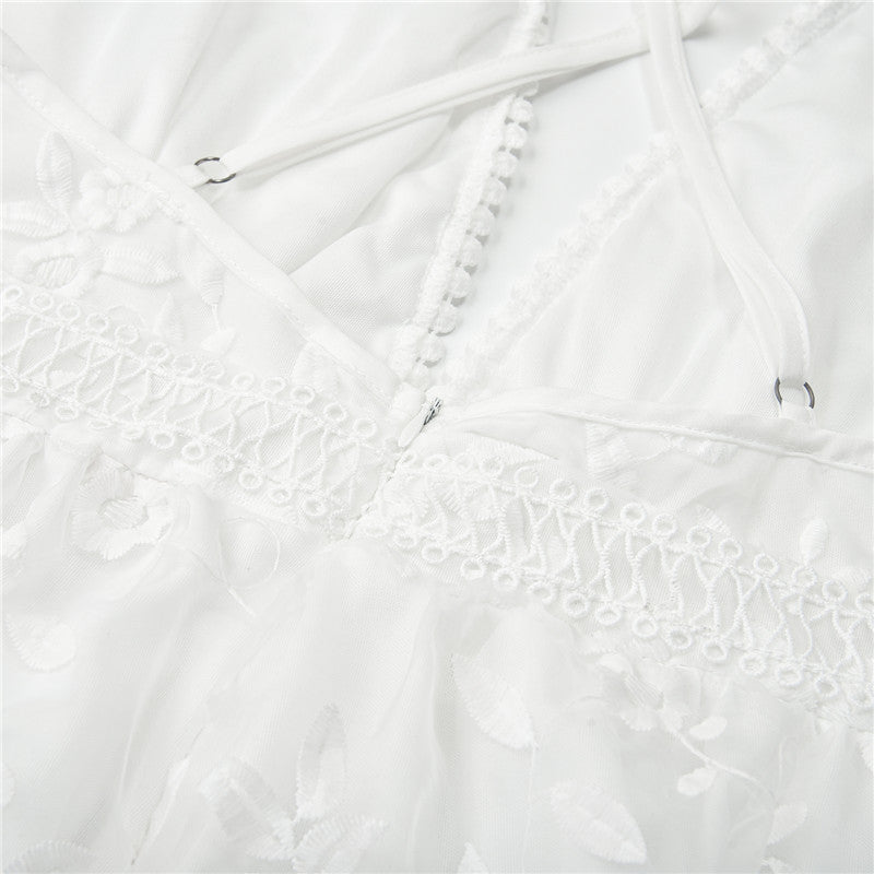 Women Spring Elegant White Floral Lace V-Neck Midi Summer Dress