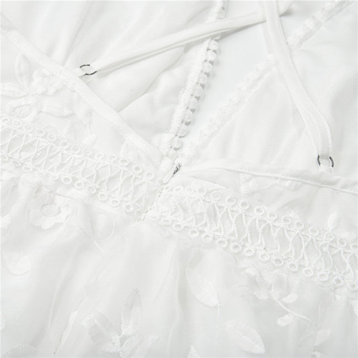 Women Spring Elegant White Floral Lace V-Neck Midi Summer Dress