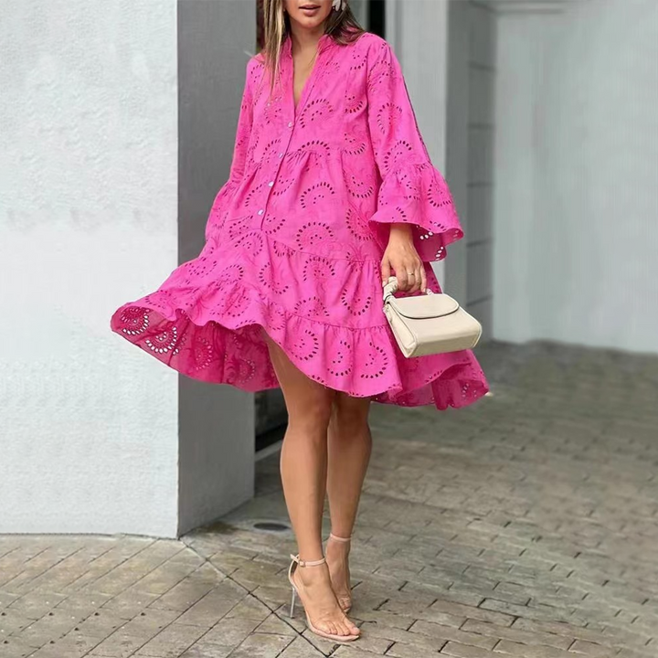Women magenta eyelet embroidered mini dress with high-low hem and long flutter sleeves