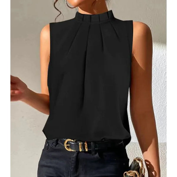 Women black sleeveless mock neck blouse with front pleats and fitted silhouette