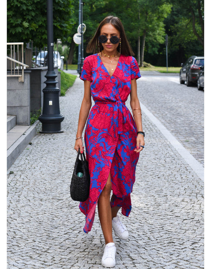 Women V Neck Floral Print Short Sleeve Summer Wrap Midi Dress