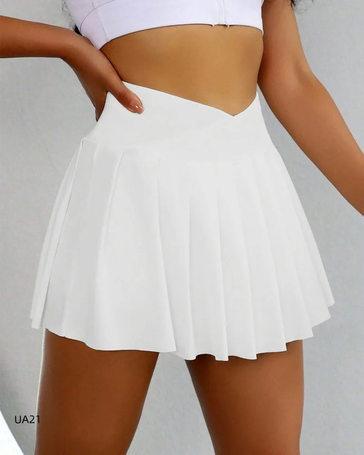 Women white high waist pleated mini skirt with V-shaped waistband, front view