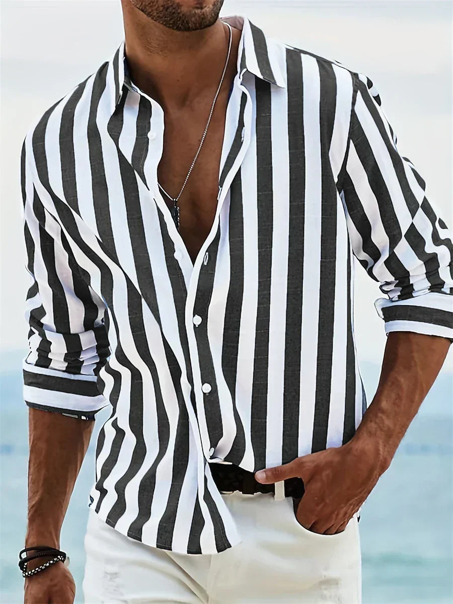 Men black striped long sleeve button-down shirt with classic collar, front model view