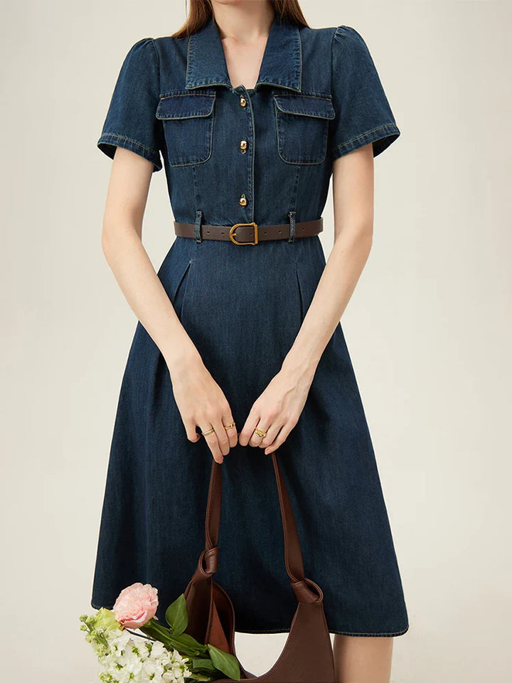 Women blue denim midi dress with button-down front, belted waist, and puff sleeves, front view