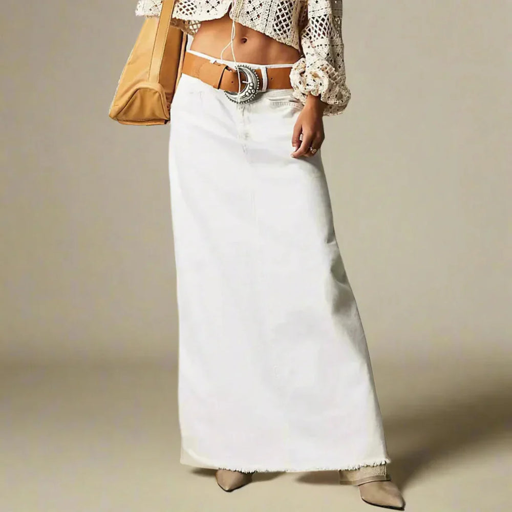 Women white denim maxi skirt with high waist and five-pocket styling, styled with a belt