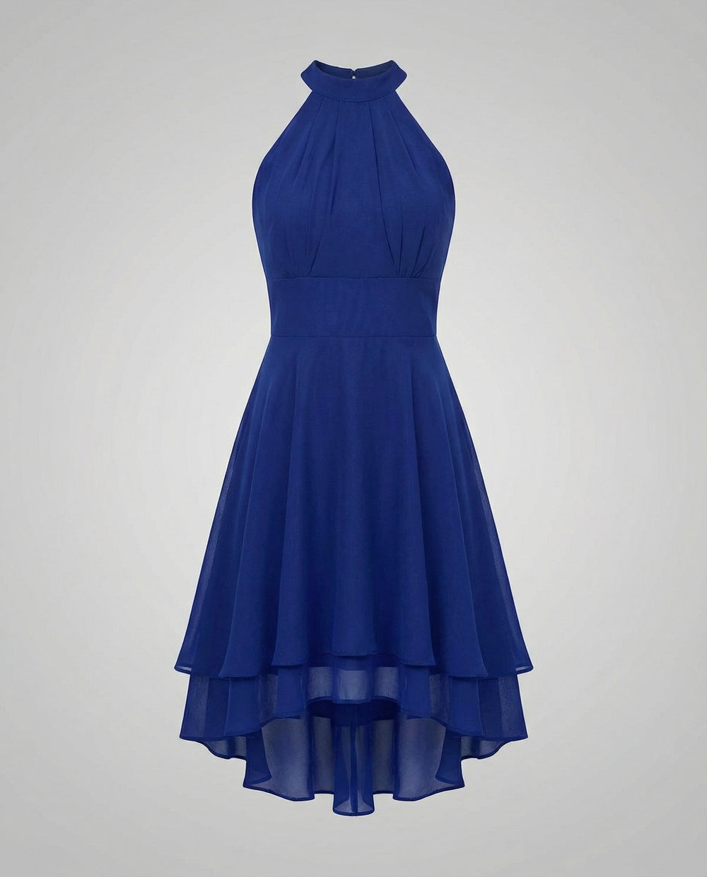 Women royal blue halter neck mini dress with layered ruffle skirt and sleeveless design.