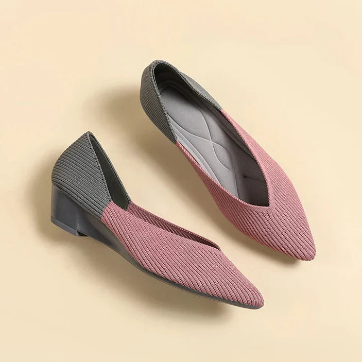Women pink and gray colorblock pointed toe wedge pumps with ribbed knit