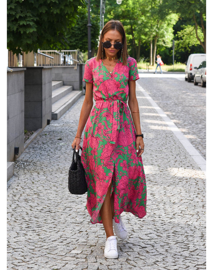 Women V Neck Floral Print Short Sleeve Summer Wrap Midi Dress