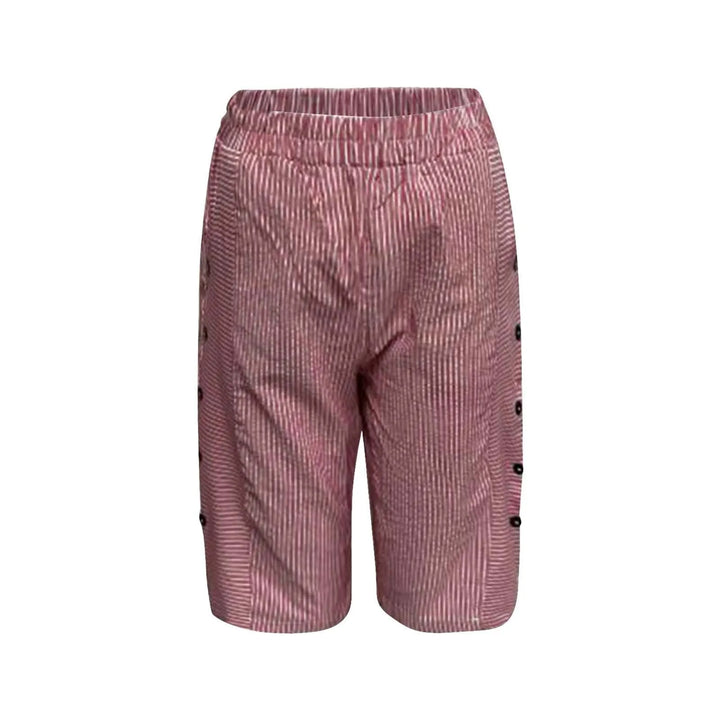 Pink women's high waist striped shorts with elastic waistband and visible side buttons, front view.