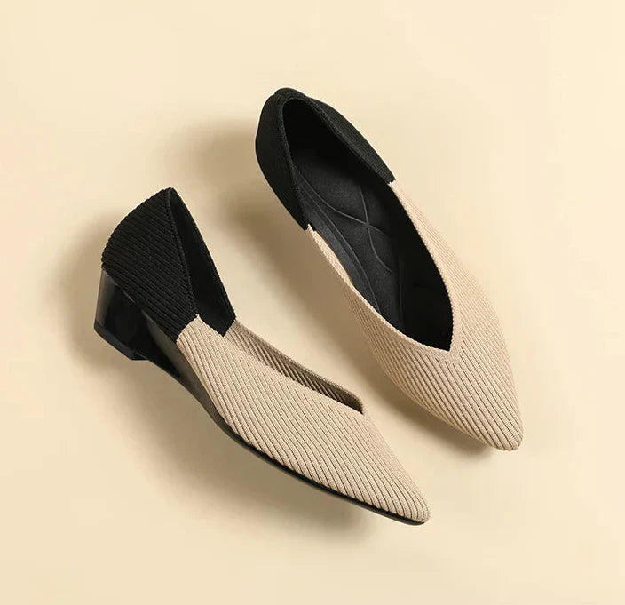 Women beige and black colorblock pointed toe wedge pumps with low heel