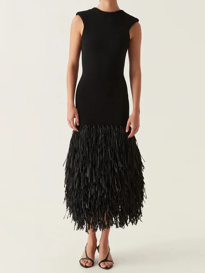 Women black sleeveless feathered midi dress, full front view against white background