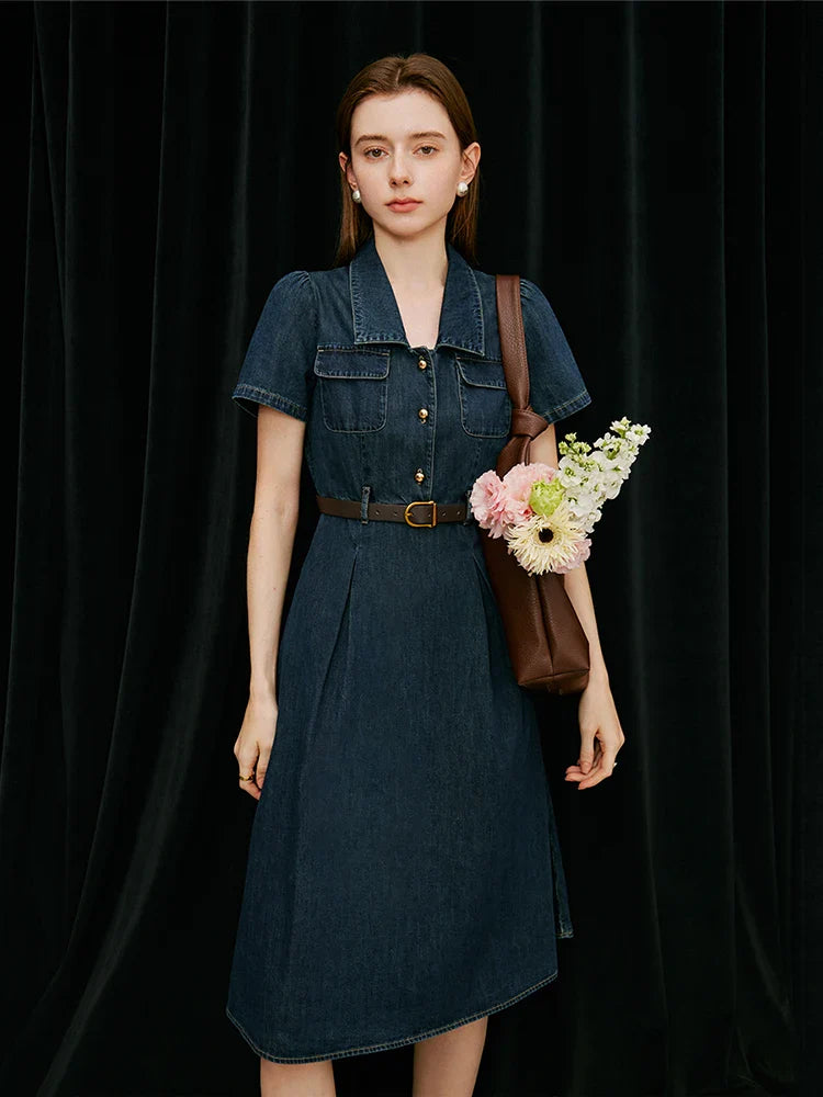 Women blue denim midi dress with brown belt and short puff sleeves, full length