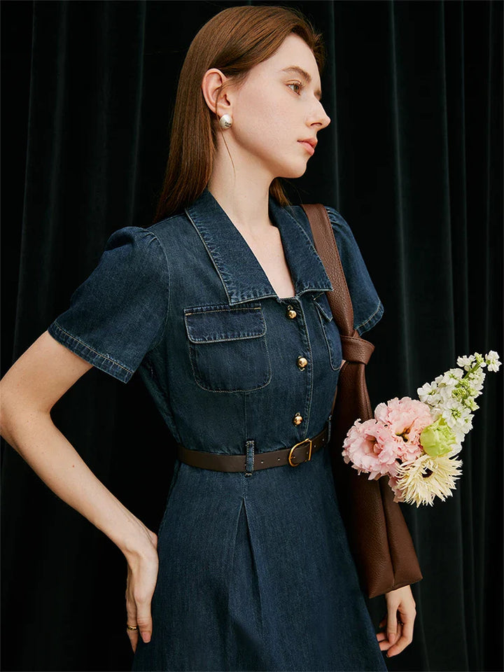 Women blue denim midi dress close up of lapel collar, chest pockets, and belted waist