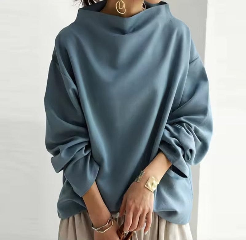 Women blue high neck long sleeve top with relaxed fit and gathered sleeves