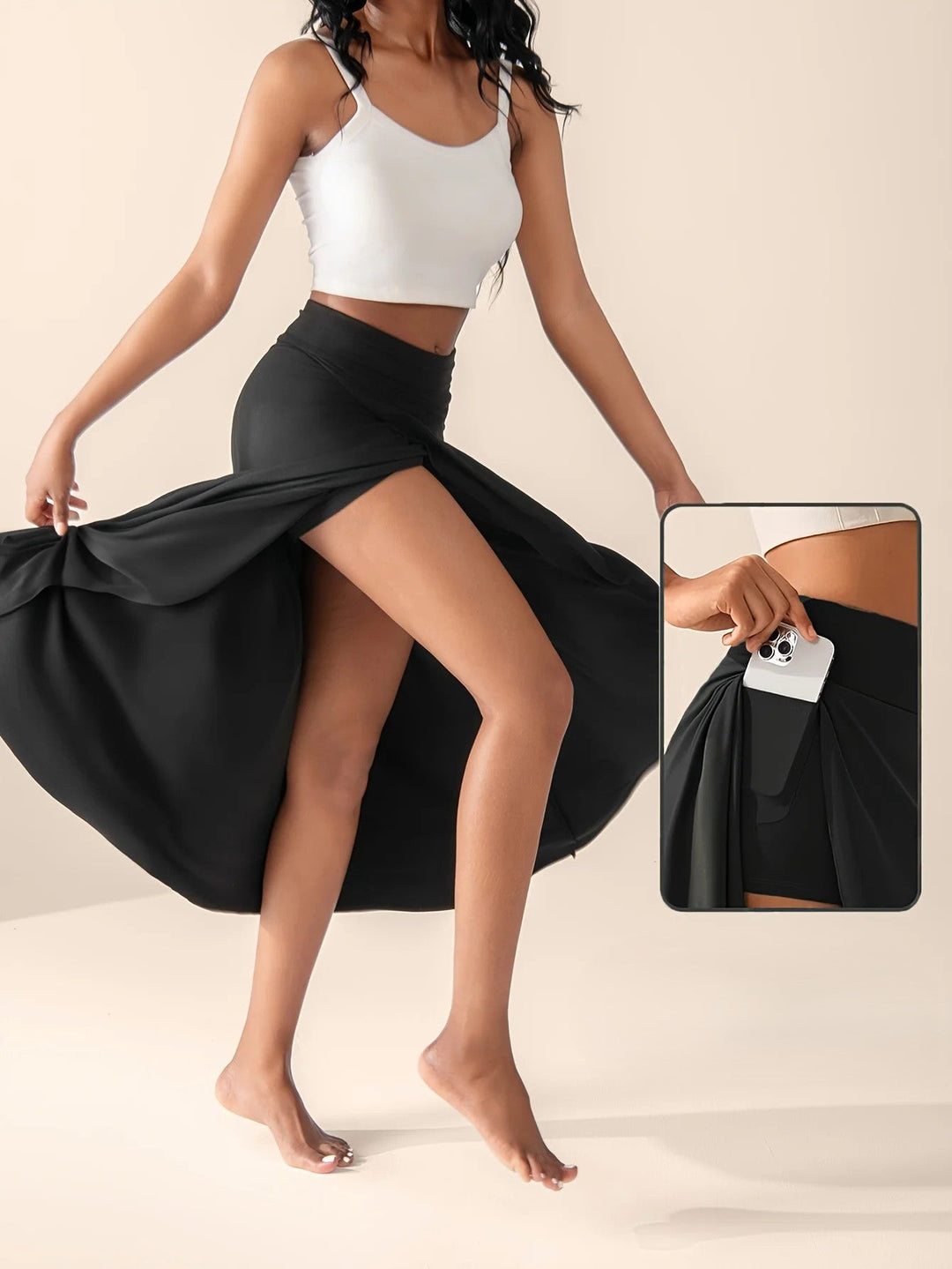 Women black high waisted wrap midi skirt with hidden pocket holding a phone